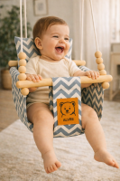 Babyschaukel Indoor und Outdoor mit Sicherheitsgurt, Kleinkind Schaukelsitz Garten blau-weiß gestreift