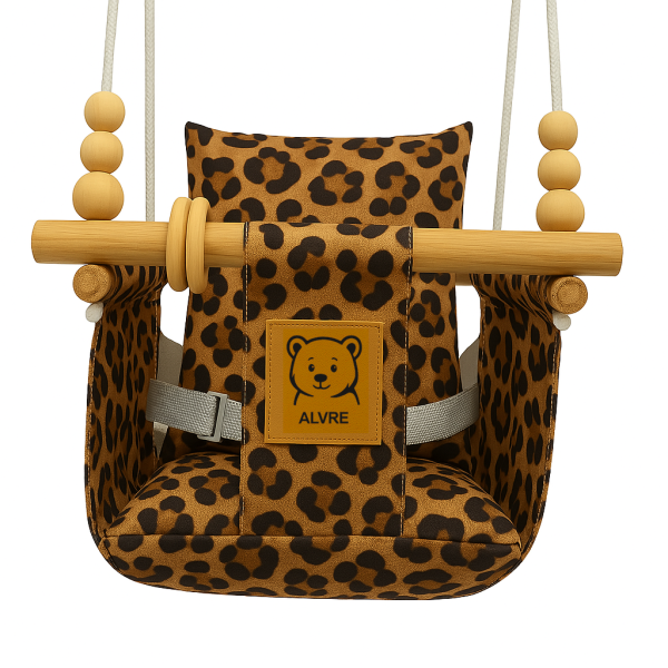 Babyschaukel Tiger mit Spielzeug, Naturholz, Indoor, Outdoor, sicher und komfortabel